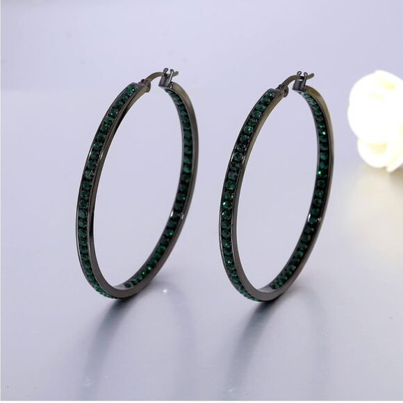 14K Black Gold with Emerald Green Cubic Zirconia Big Hoop Latch Back Earrings - Picture 2 of 6